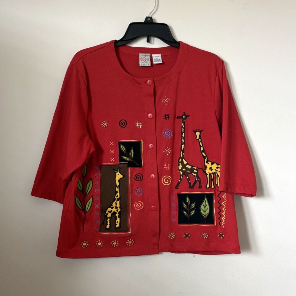 Knit cardigan Red sweater giraffe applique PL 3/4 sleeve missing button